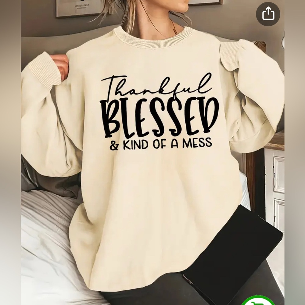 New Womens Oversized Thankful Blessed Pullover Fleece Sweatshirt / small